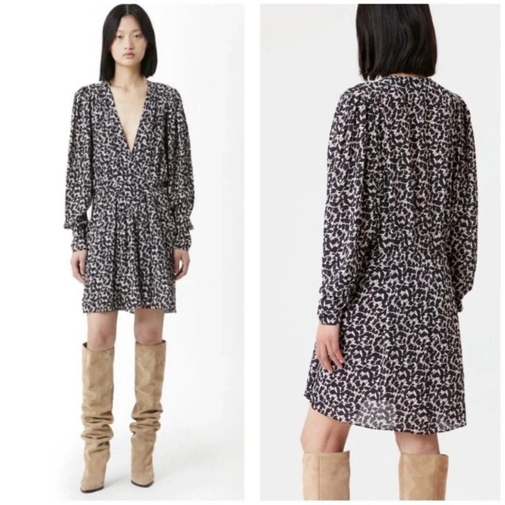 Isabel Marant Black and White Long-Sleeve Printed Mini Dress